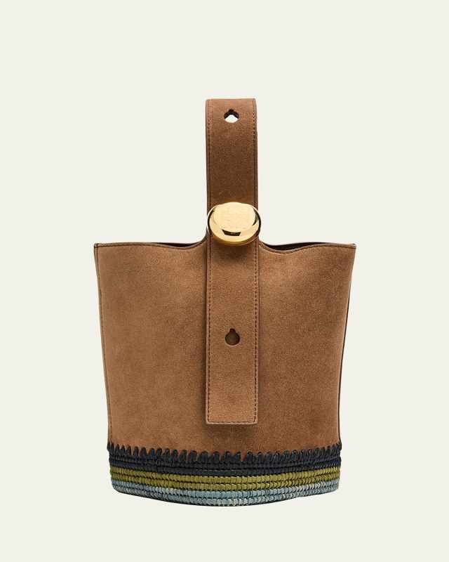 Pebble Raffia-Bottom Mini Bucket Bag in Suede